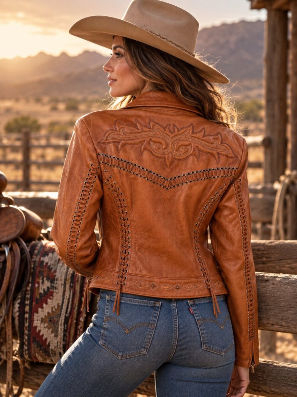 Cripple Creek Brown Western Leather Jacket With Raised Embellishments Sz L Large